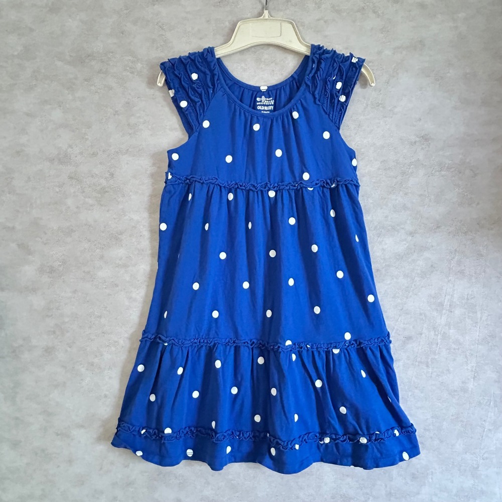 Old Navy Girls Blue Polka Dot Tiered Ruffle Cotton Jersey Dress Size XL 14